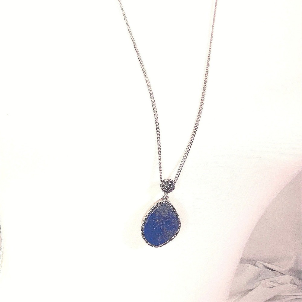 Vintage Lapis Lazuli Teardrop Pendant Necklace Long Chain Blue Gold Fleck Boho - Picture 3 of 16